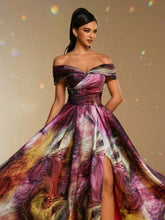 New Satin Off-Shoulder Floral Print Formal Evening Gown